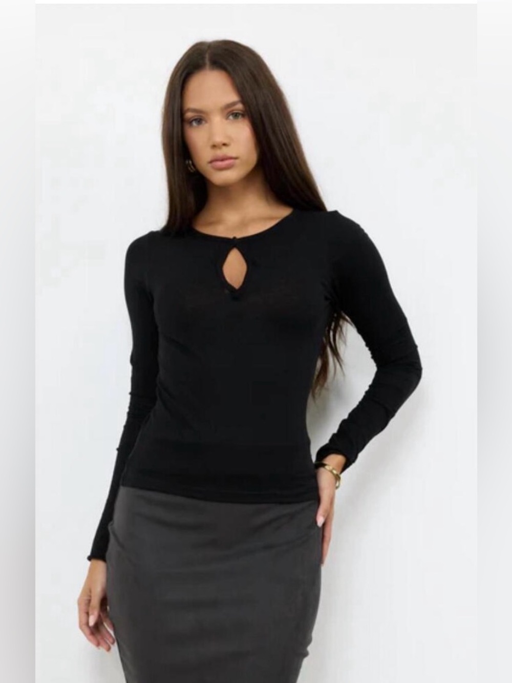 Black Long-Sleeve Keyhole Knit Top with n several colors